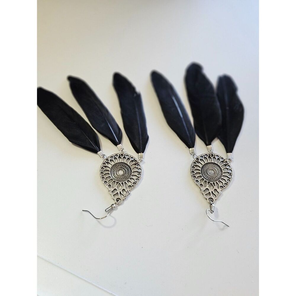 Silver tone black feather statement earrings - Picture 7 of 8